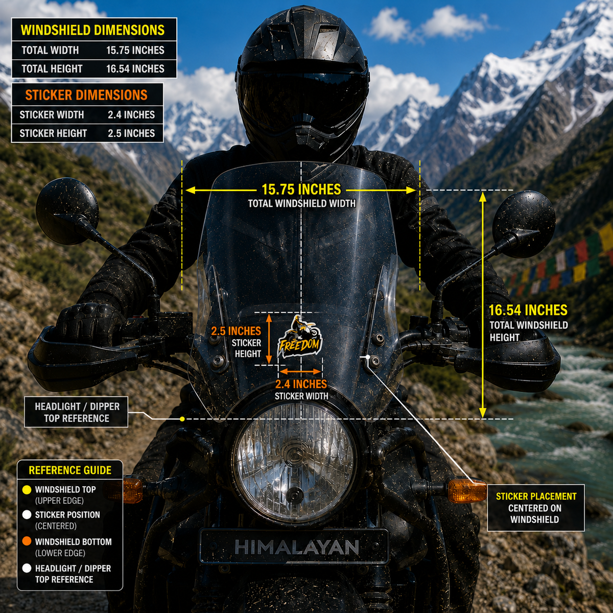 Freedom motorcycle sticker 2.4 x 2.5 inches windshield size and centered placement infographic