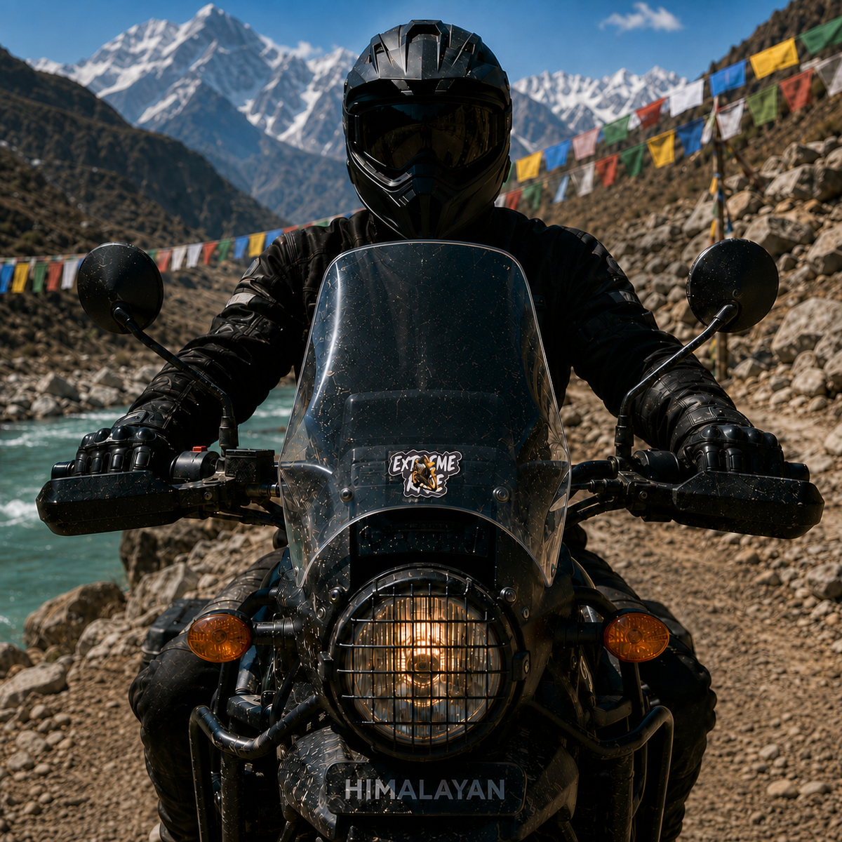 Extreme Ride motorcycle sticker installed on Himalayan bike windshield during mountain adventure ride