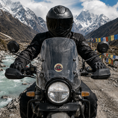 Full Throttle Two Wheels Rider sticker applied to motorcycle windshield in Himalayan riding setting