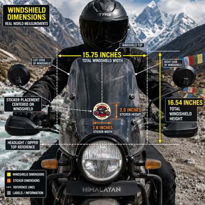 Full Throttle motorcycle sticker 2.8 x 2.5 inches windshield size and placement infographic