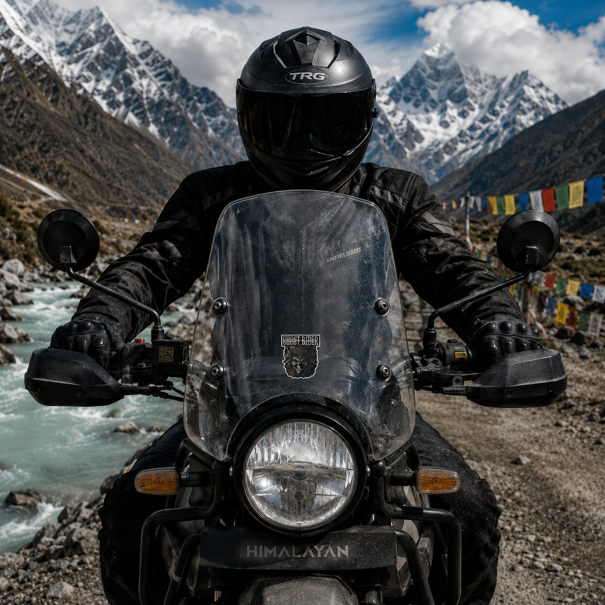 Ghost Rider skull biker sticker applied to motorcycle windshield in Himalayan riding setting