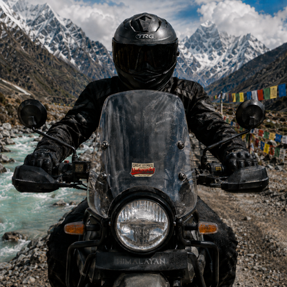 Great Stories Have People With Motorcycles in Them sticker applied on motorcycle windshield