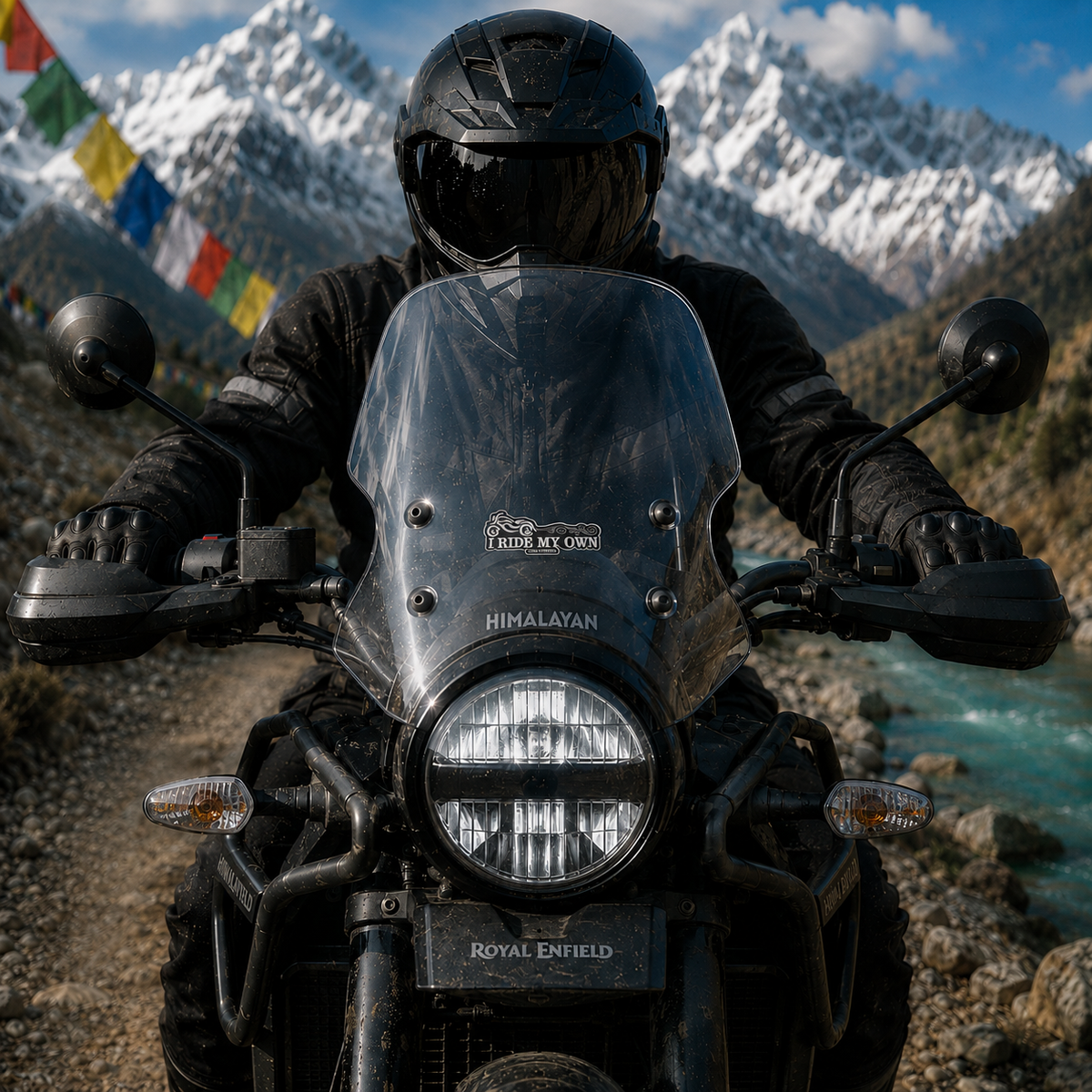 I Ride My Own Steel Cowgirl sticker centered on Royal Enfield Himalayan motorcycle windshield on a Himalayan mountain road