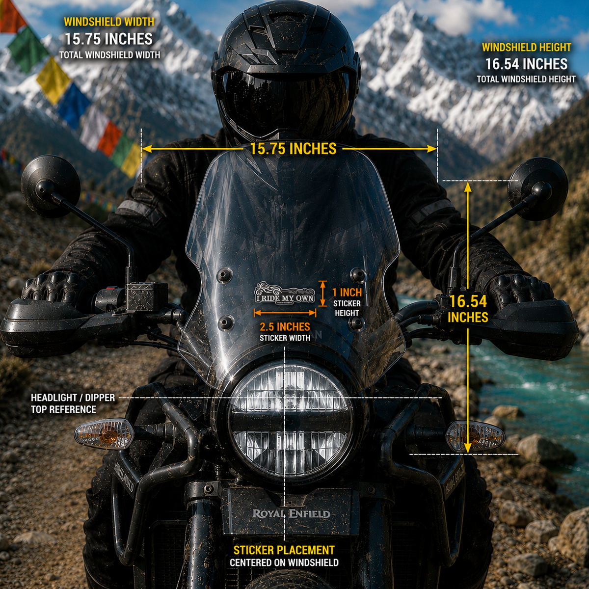 I Ride My Own Steel Cowgirl motorcycle sticker size and windshield placement infographic showing 2.5 inch width and 1 inch height