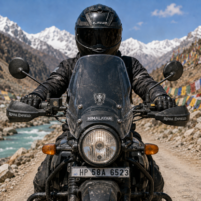 Independence eagle sticker centered on Royal Enfield Himalayan motorcycle windshield on a Himalayan mountain road