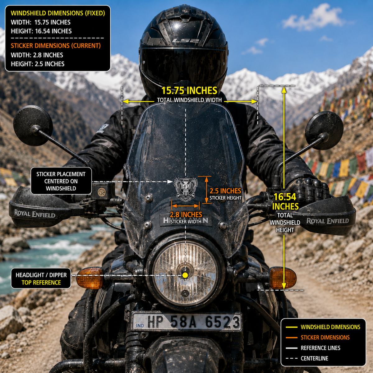 Independence eagle motorcycle sticker size and windshield placement infographic showing 2.8 inch width and 2.5 inch height