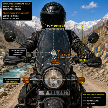 Keep Calm and Ride On motorcycle sticker size and windshield placement infographic showing 1.9 inch width and 2.5 inch heightKeep Calm and Ride On motorcycle sticker size and windshield placement infographic showing 1.9 inch width and 2.5 inch height
