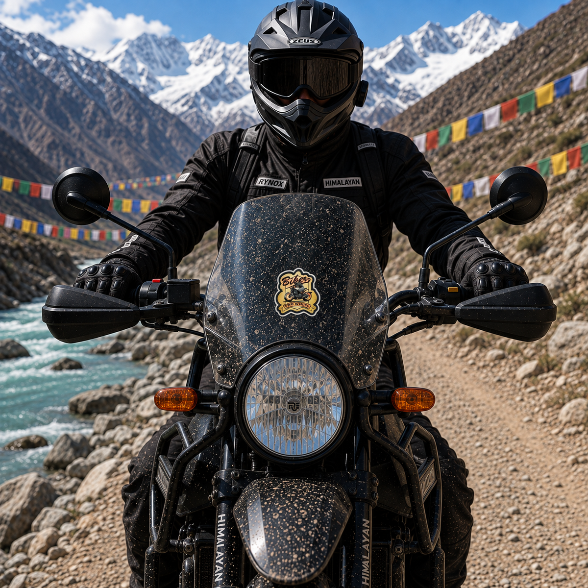 Biker Two Wheel colorful sticker installed centered on motorcycle windshield during Himalayan adventure ride