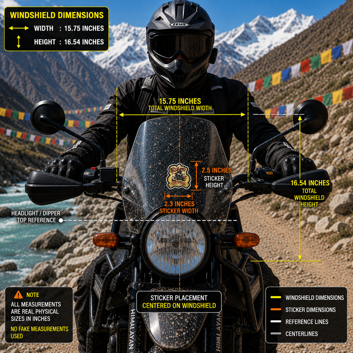 Biker Two Wheel colorful sticker 2.3 x 2.5 inches centered on motorcycle windshield with 15.75 x 16.54 inch windshield reference