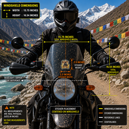 Biker Two Wheel colorful sticker 2.3 x 2.5 inches centered on motorcycle windshield with 15.75 x 16.54 inch windshield reference