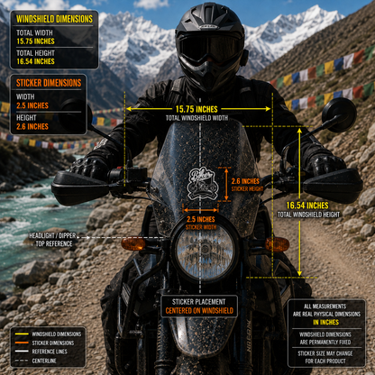 Biker Sticker 2.5 x 2.6 inches centered on motorcycle windshield with 15.75 x 16.54 inch windshield dimension reference