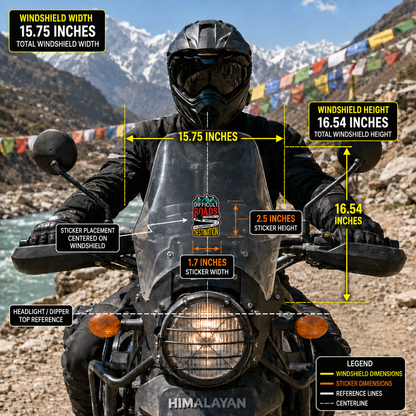 Difficult Roads sticker 1.7 x 2.5 inches centered on motorcycle windshield with real-scale dimensions and placement guide