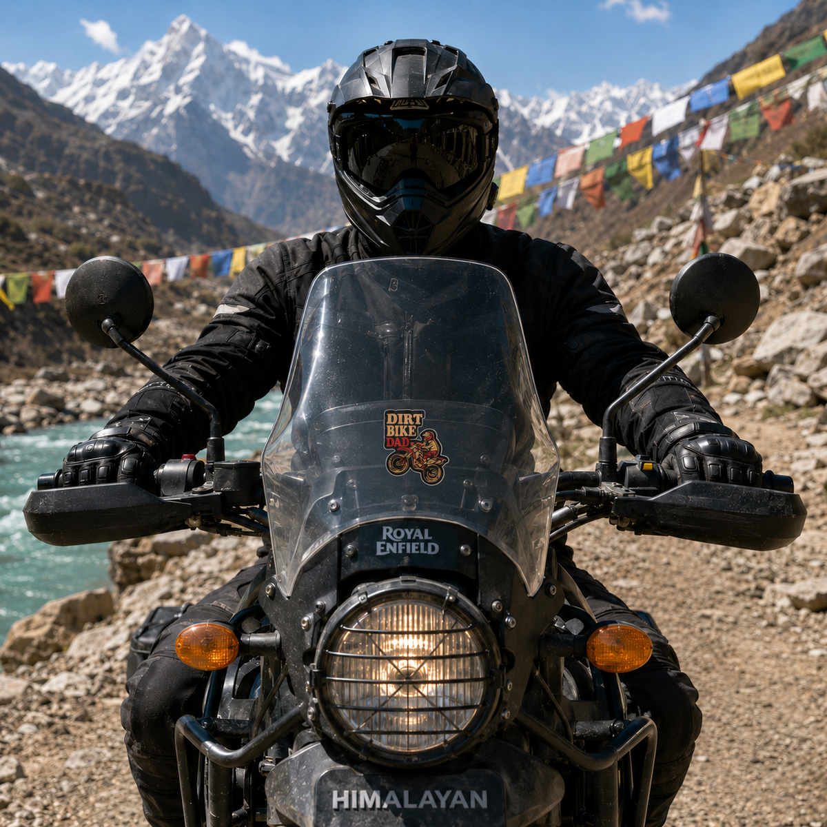 Dirt Bike Dad vinyl sticker installed on Royal Enfield Himalayan motorcycle windshield during Himalayan adventure ride