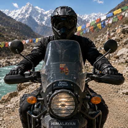 Dirt Bike Dad vinyl sticker installed on Royal Enfield Himalayan motorcycle windshield during Himalayan adventure ride