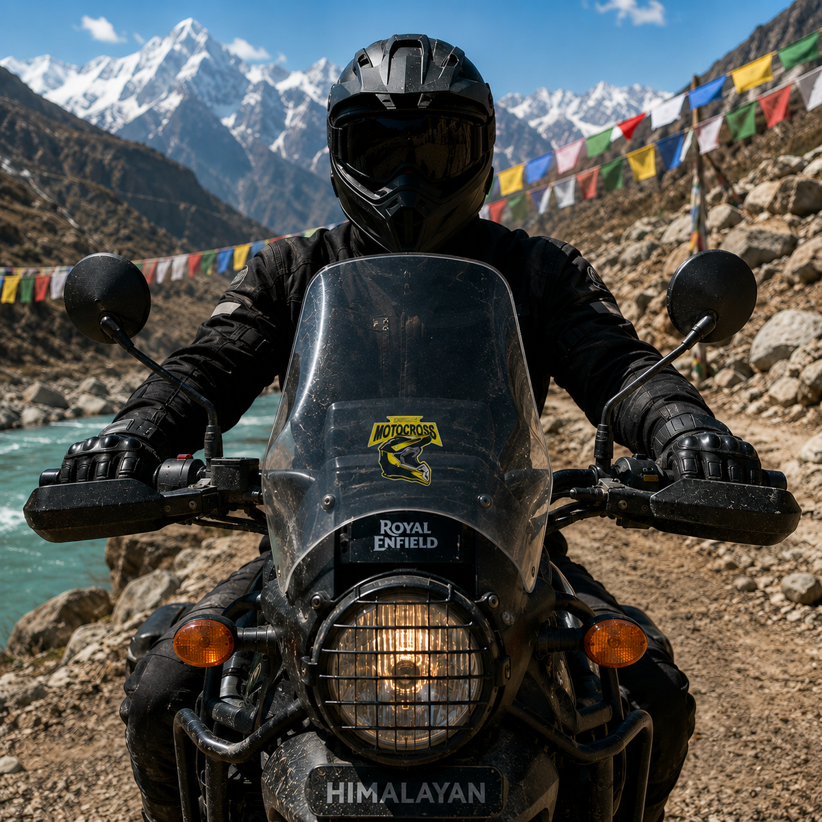Extreme Motocross vinyl sticker installed on Royal Enfield Himalayan motorcycle windshield during mountain adventure ride