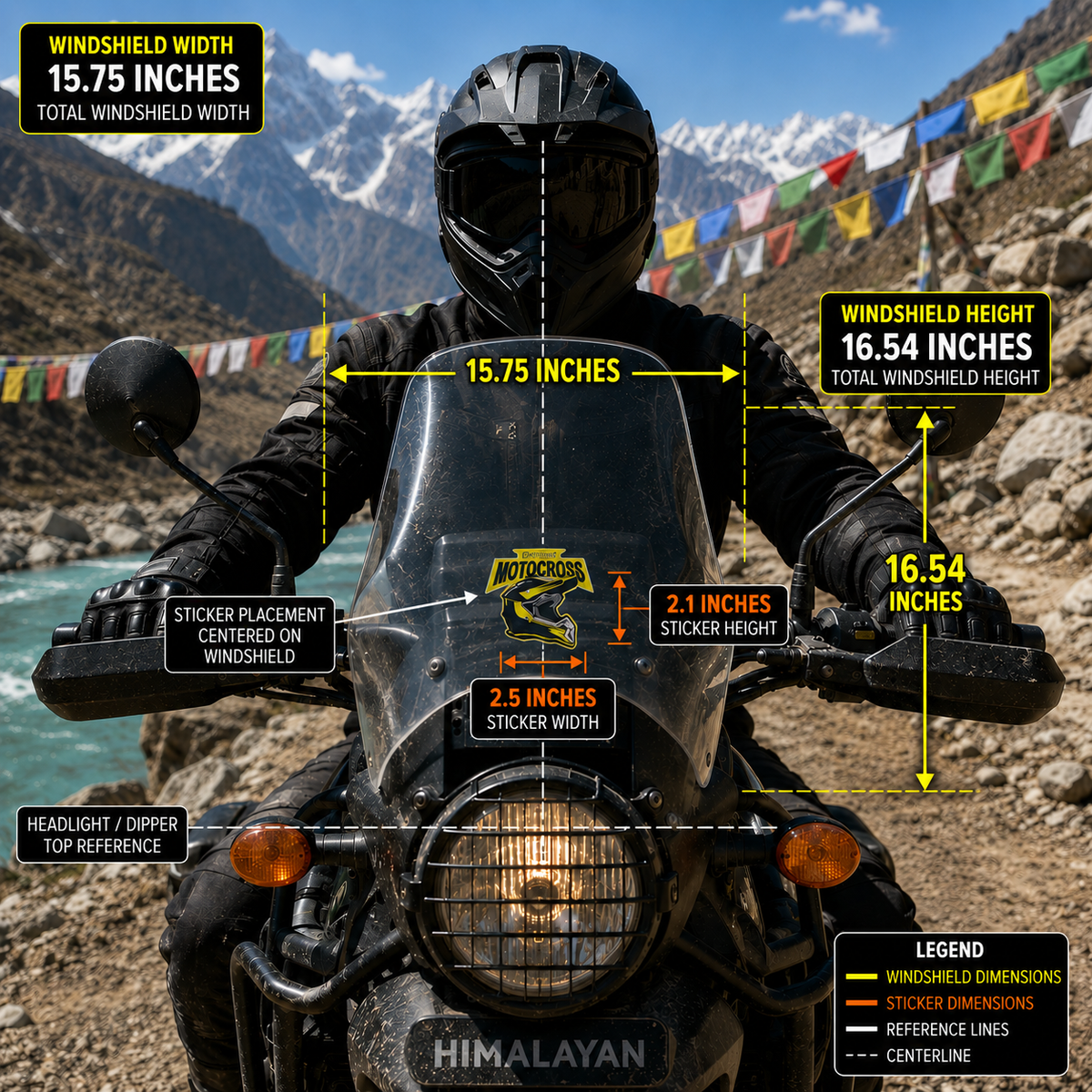Extreme Motocross sticker 2.5 x 2.1 inches centered on motorcycle windshield with real-scale size and placement guide