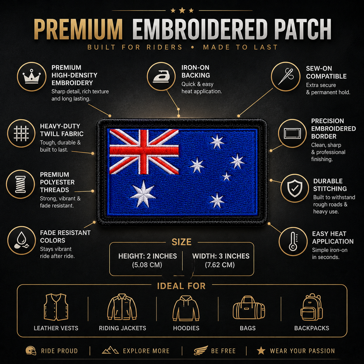 Australia Flag Embroidered Patch 2 x 3 Inch – Iron On / Sew On