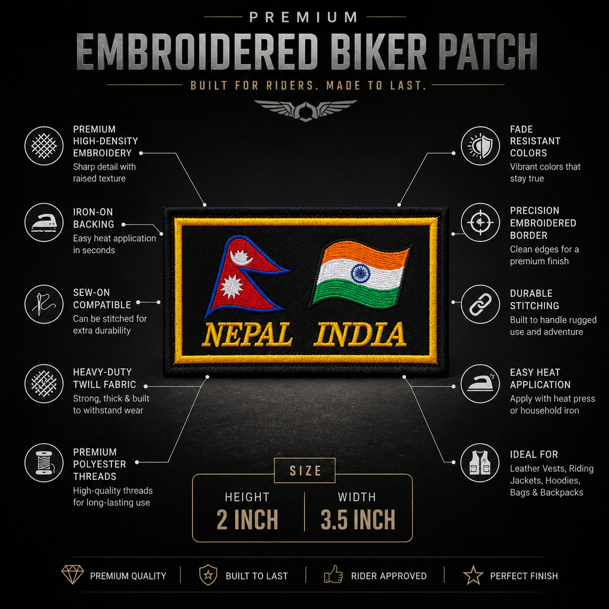 India & Nepal Flag Embroidered Patch 2 x 3.5 Inch – Iron On / Sew On