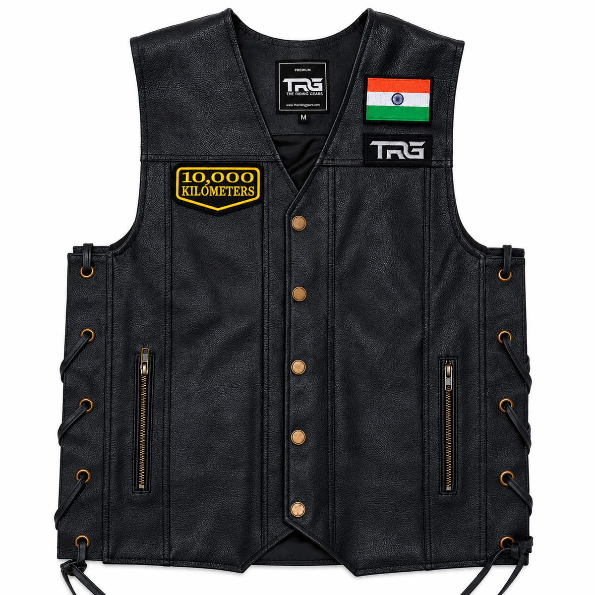 10 Thousand Kilometres embroidered patch attached to black leather motorcycle vest on white background