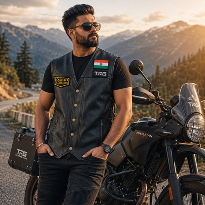 Motorcycle rider wearing 10 Thousand Kilometres embroidered patch on black leather riding vest beside adventure motorcycle in mountains