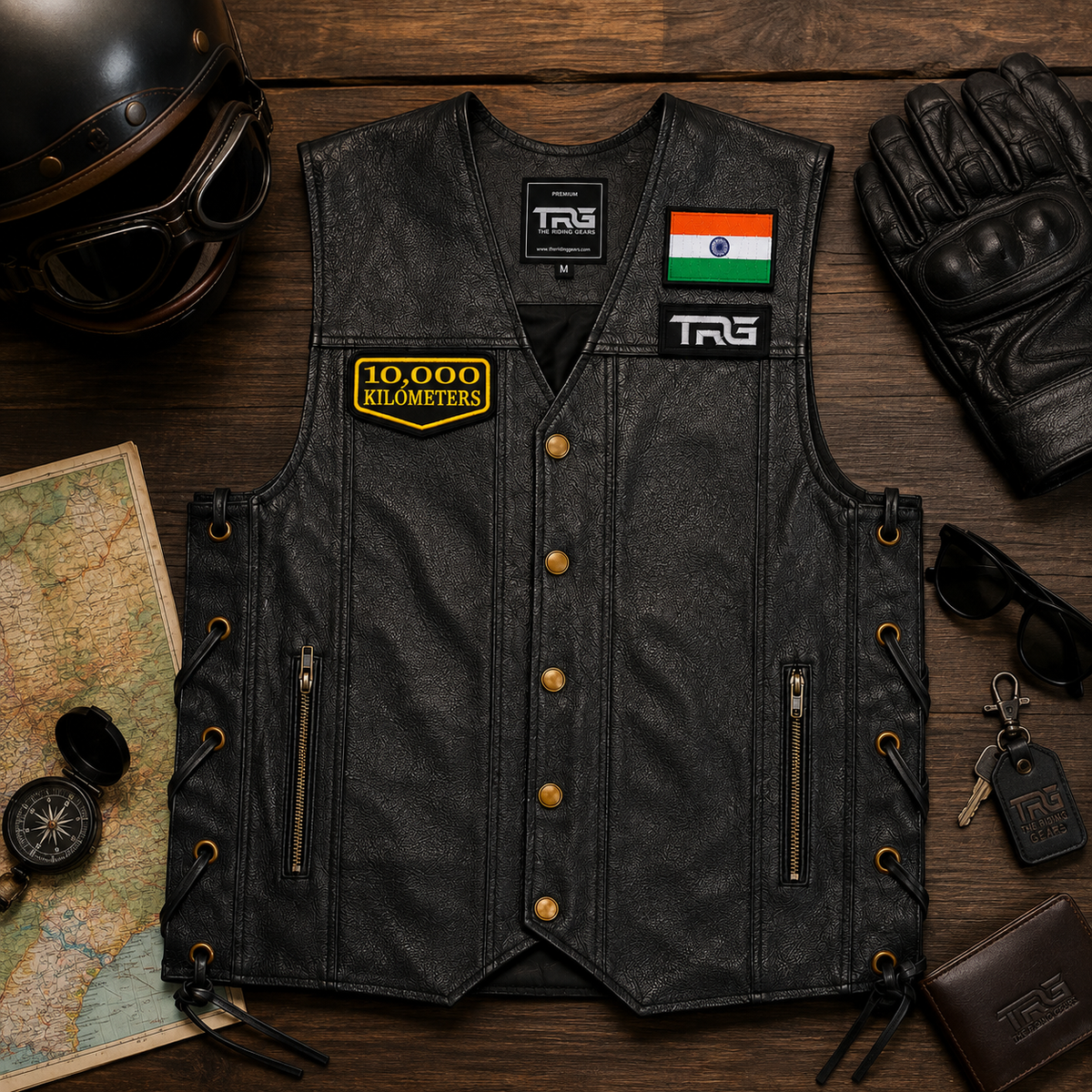 10 Thousand Kilometres embroidered patch displayed on black leather motorcycle vest with helmet, gloves and riding accessories