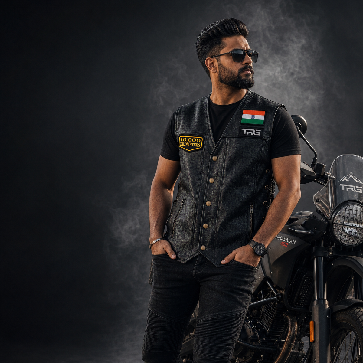 Motorcycle rider wearing 10 Thousand Kilometres embroidered patch on black leather vest beside adventure motorcycle