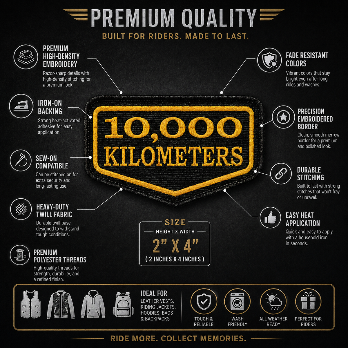10 Thousand Kilometres embroidered patch infographic showing 2 x 4 inch size, iron-on backing, sew-on compatibility and premium stitching