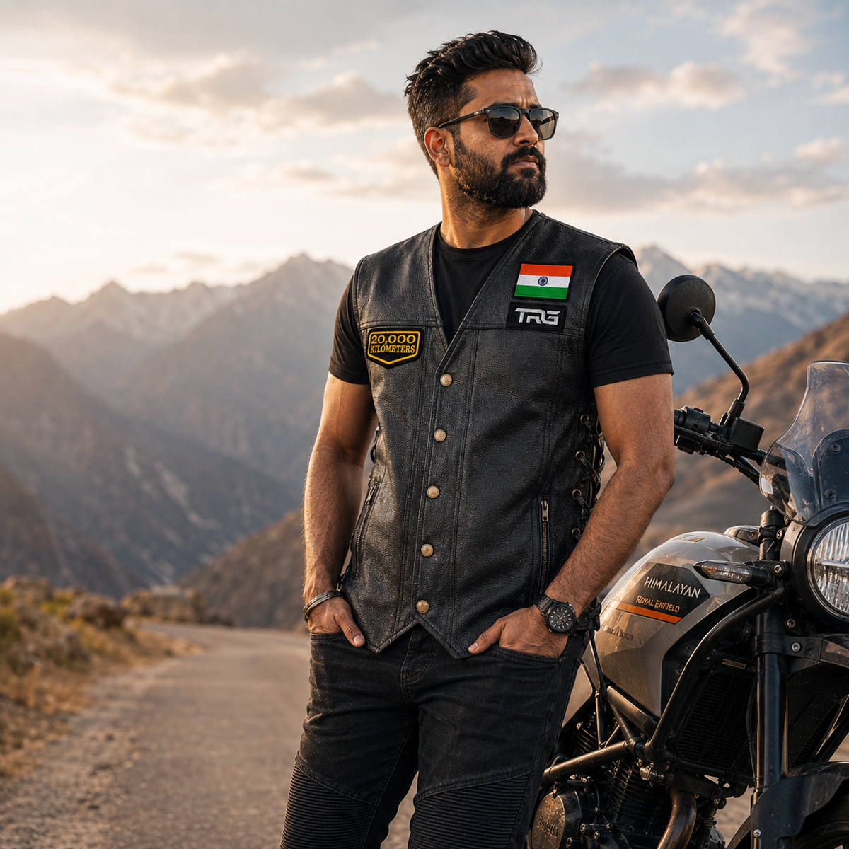 20 Thousand Kilometres embroidered patch worn on black leather riding vest by motorcycle rider in mountains