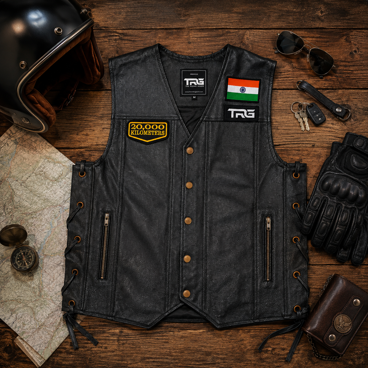 20 Thousand Kilometres embroidered patch displayed on black leather riding vest with motorcycle riding gear