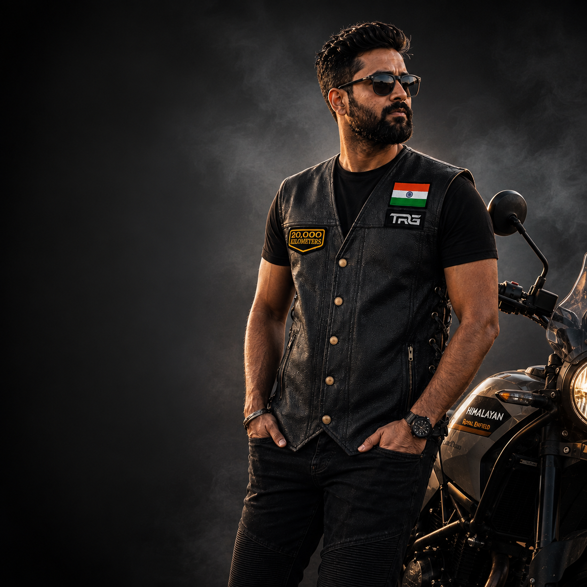 Motorcycle rider wearing 20 Thousand Kilometres embroidered patch on black leather biker vest beside adventure motorcycle