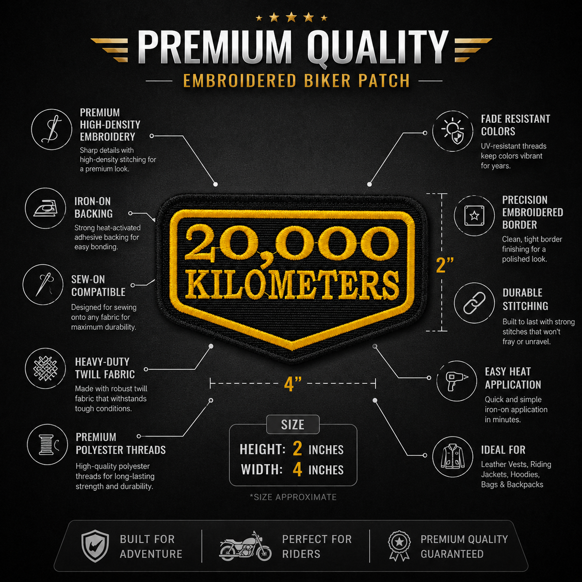 20 Thousand Kilometres embroidered  patch infographic showing 4 x 2 inch size, iron-on backing and premium stitching