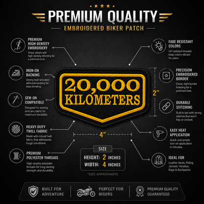 20 Thousand Kilometres embroidered  patch infographic showing 4 x 2 inch size, iron-on backing and premium stitching