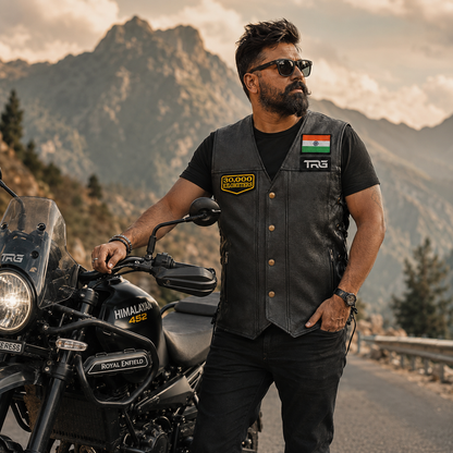 Motorcycle rider wearing 30 Thousand Kilometres embroidered patch on black leather riding vest beside adventure motorcycle in mountains