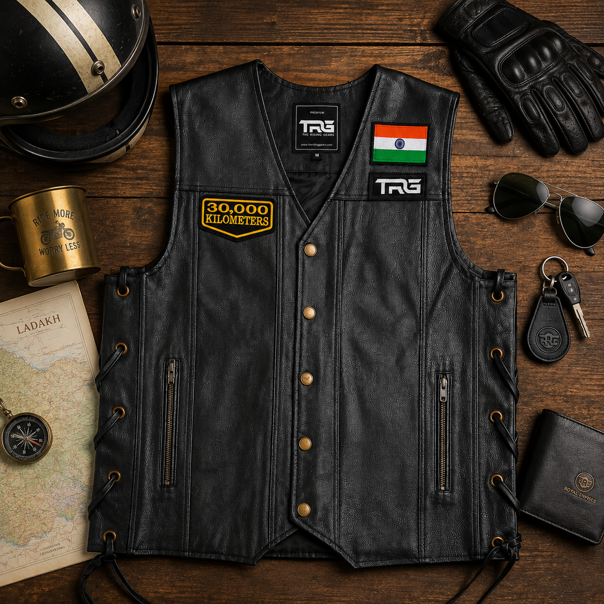 30 Thousand Kilometres embroidered patch displayed on black leather motorcycle vest with helmet, gloves, map and riding accessories