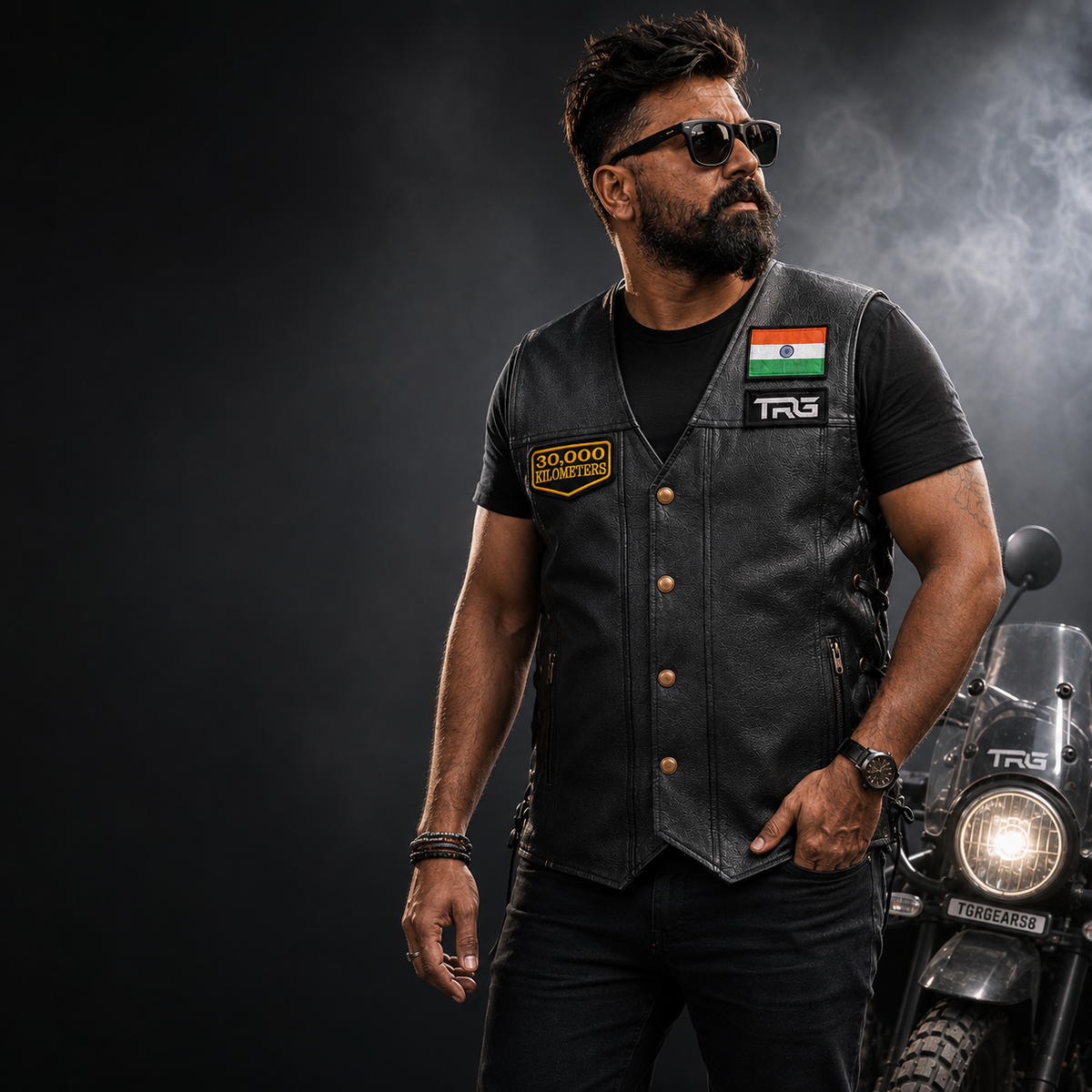 Motorcycle rider wearing 30 Thousand Kilometres embroidered patch on black leather riding vest beside motorcycle in premium dark studio setting