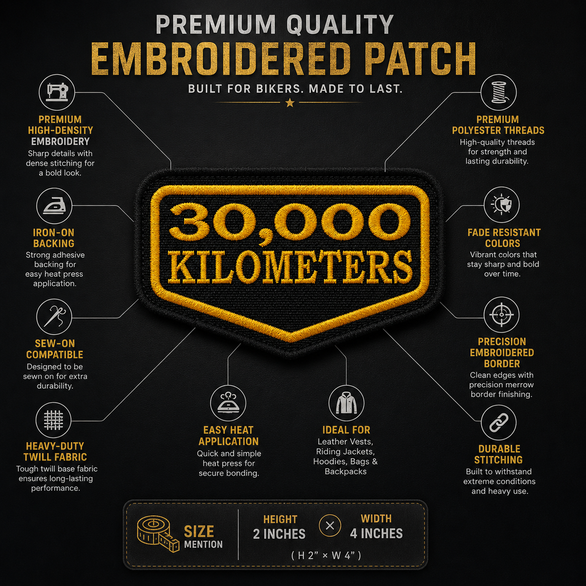 30 Thousand Kilometres embroidered patch infographic showing 2 x 4 inch size, high-density embroidery, iron-on backing and sew-on compatibility