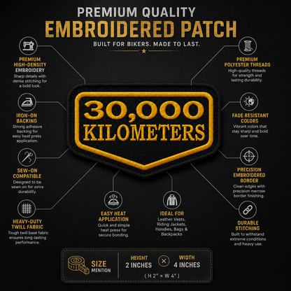 30 Thousand Kilometres embroidered patch infographic showing 2 x 4 inch size, high-density embroidery, iron-on backing and sew-on compatibility