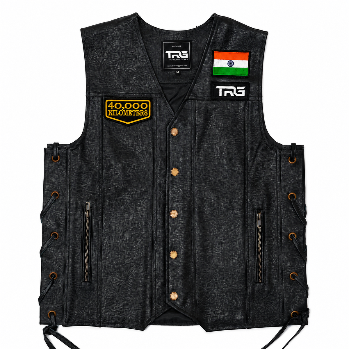40 Thousand Kilometres embroidered patch displayed on black leather riding vest
