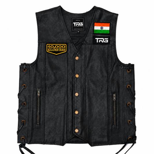 40 Thousand Kilometres embroidered patch displayed on black leather riding vest