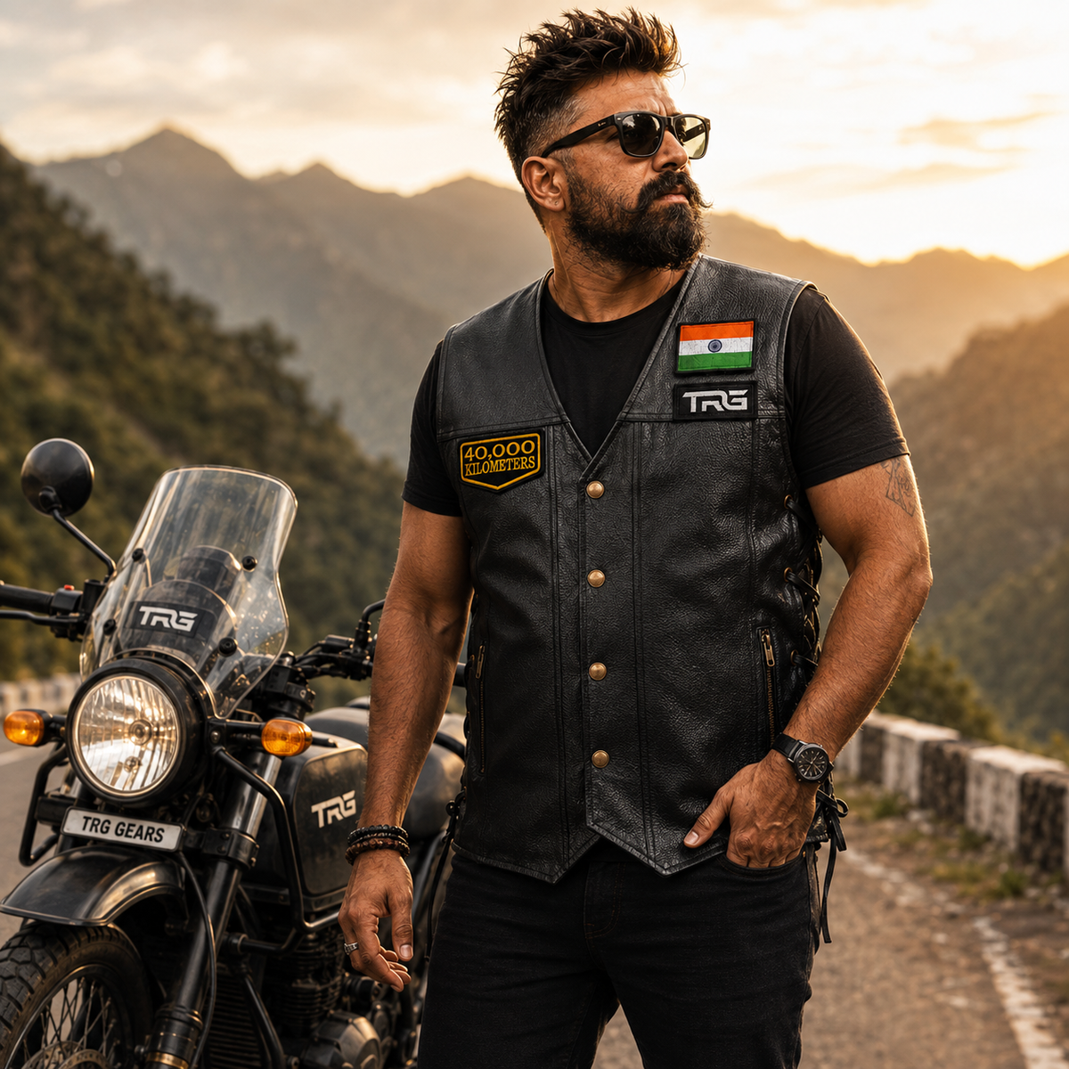 Motorcycle rider wearing 40 Thousand Kilometres embroidered patch on black leather vest
