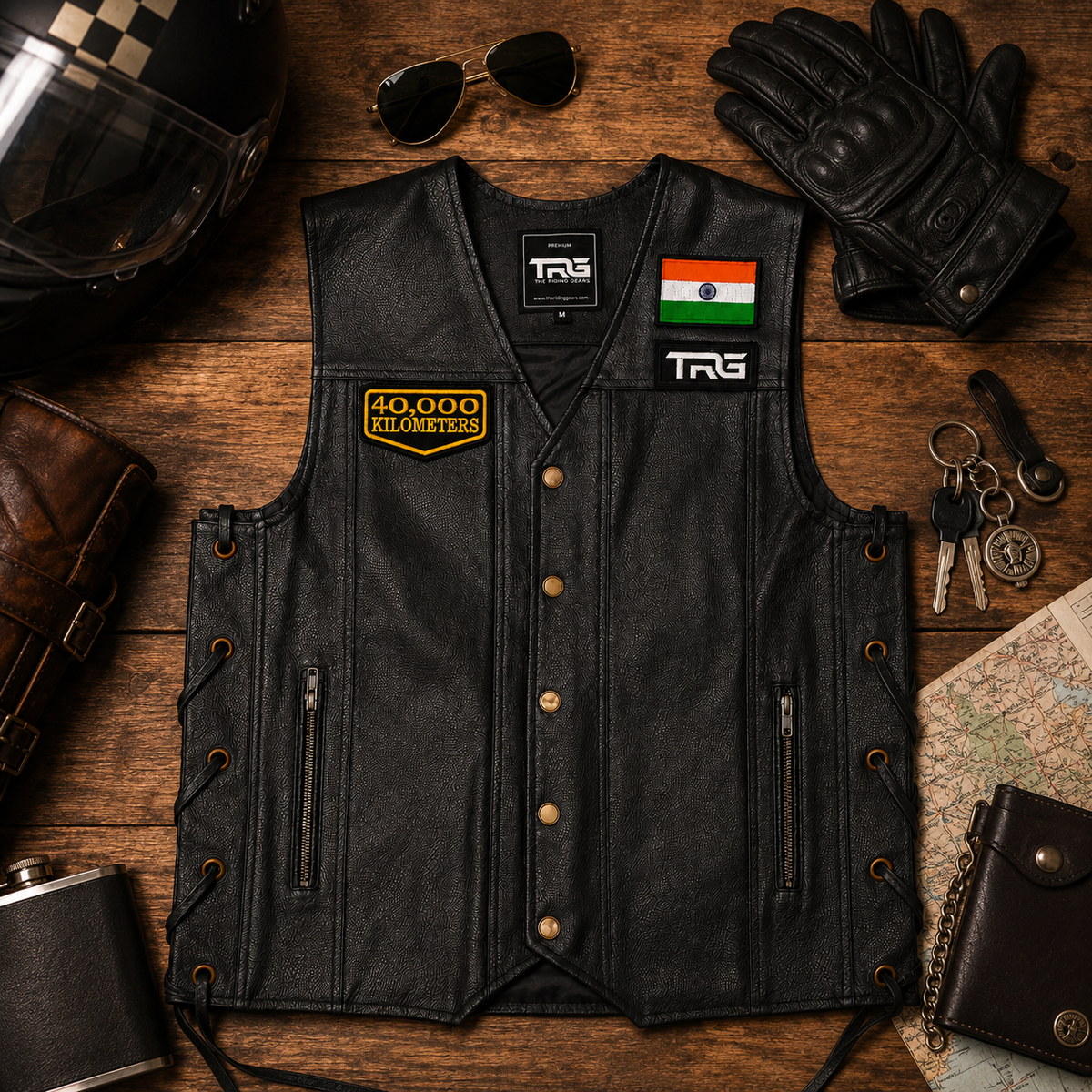 40 Thousand Kilometres embroidered patch on black leather vest with motorcycle riding accessories