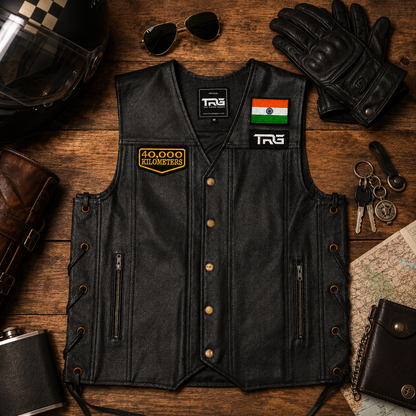 40 Thousand Kilometres embroidered patch on black leather vest with motorcycle riding accessories