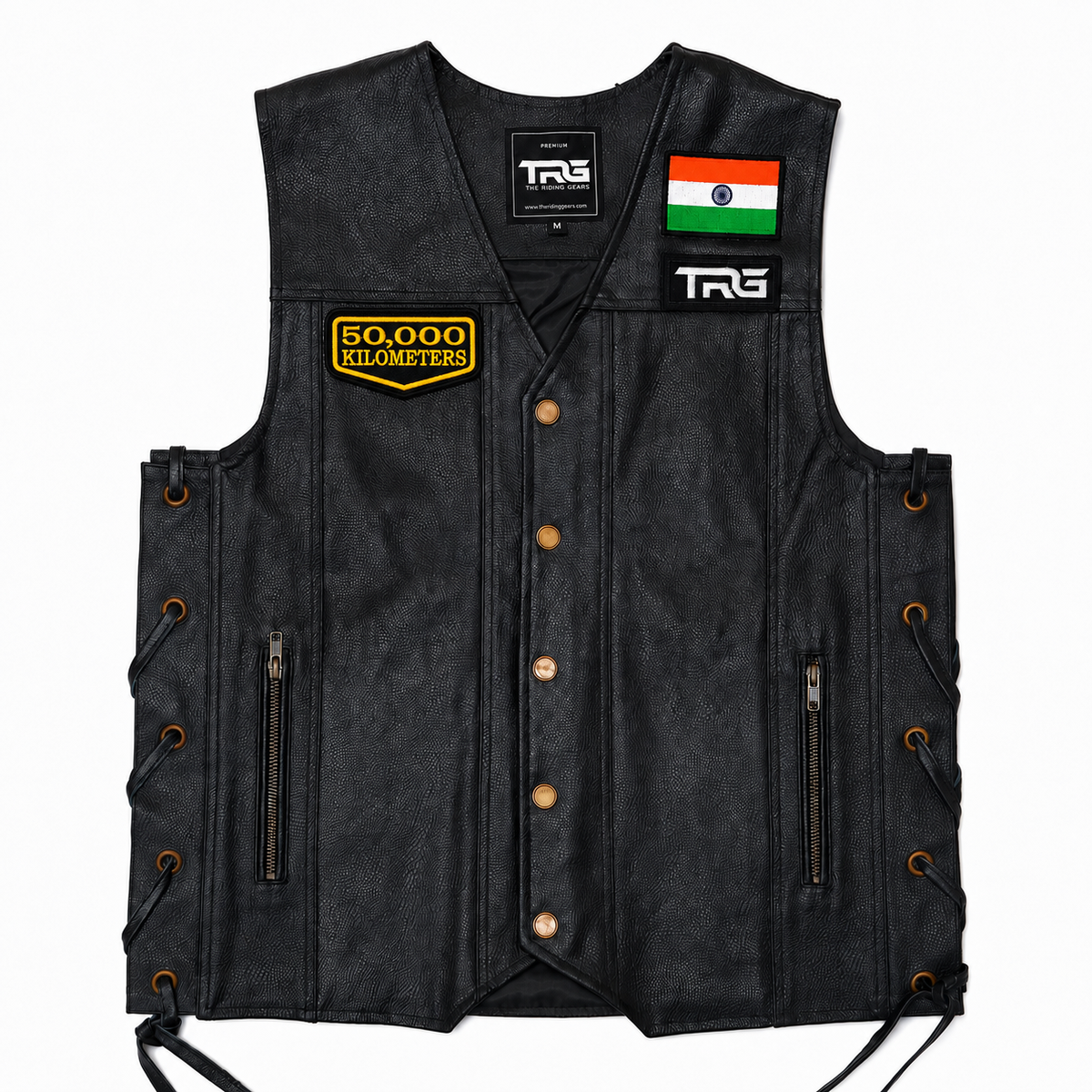50 Thousand Kilometres embroidered patch displayed on black leather riding vest with Indian flag patch