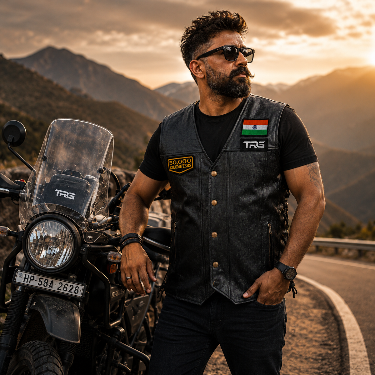 Motorcycle rider wearing 50 Thousand Kilometres embroidered patch on black leather vest
