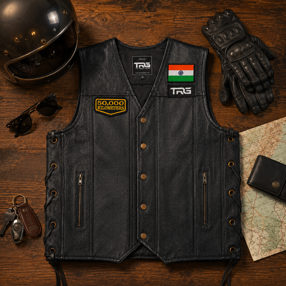 50 Thousand Kilometres embroidered patch displayed on leather vest with motorcycle riding accessories