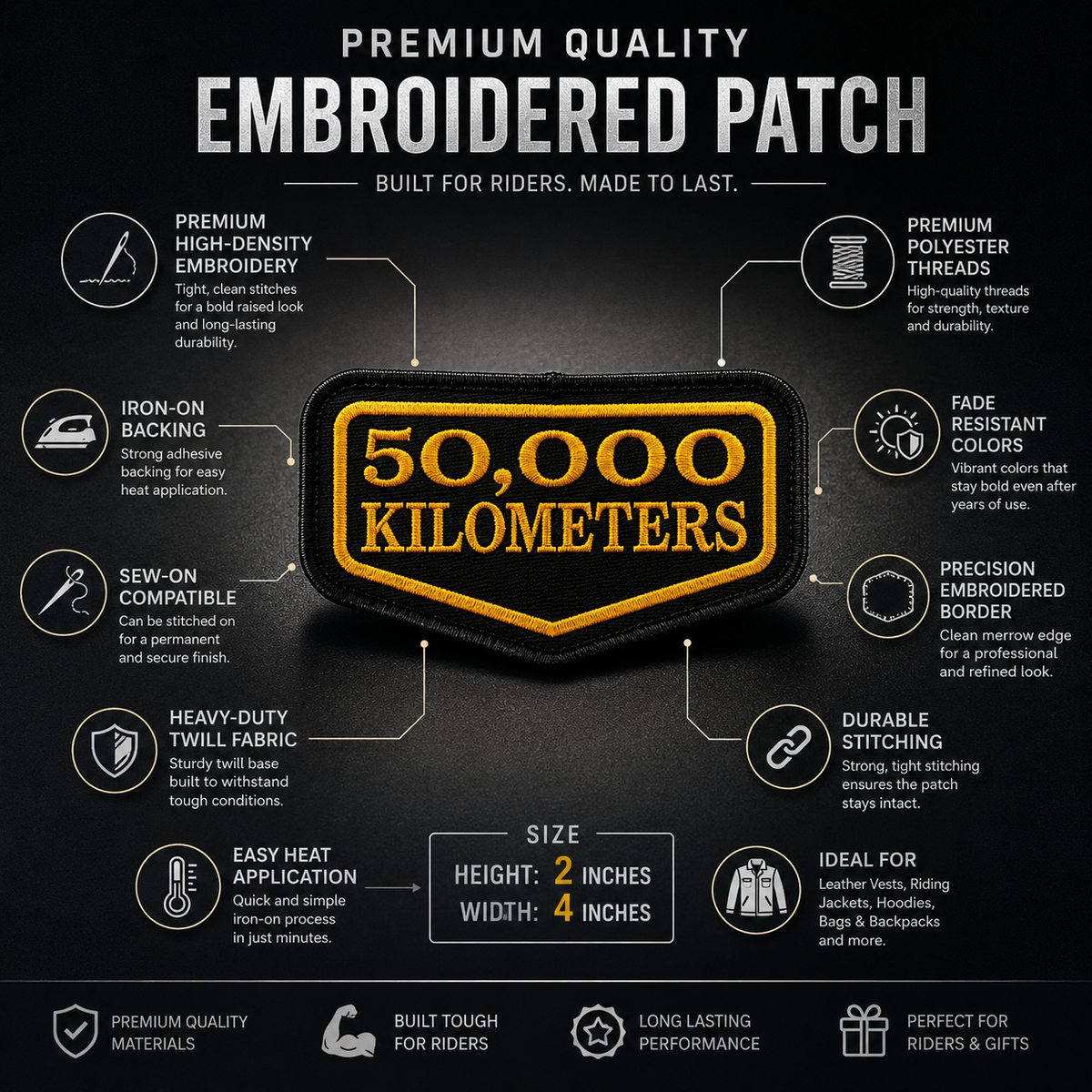 50 Thousand Kilometres embroidered patch infographic showing premium embroidery and iron-on sew-on application