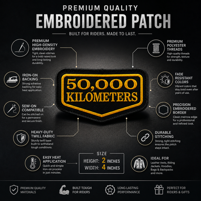 50 Thousand Kilometres embroidered patch infographic showing premium embroidery and iron-on sew-on application