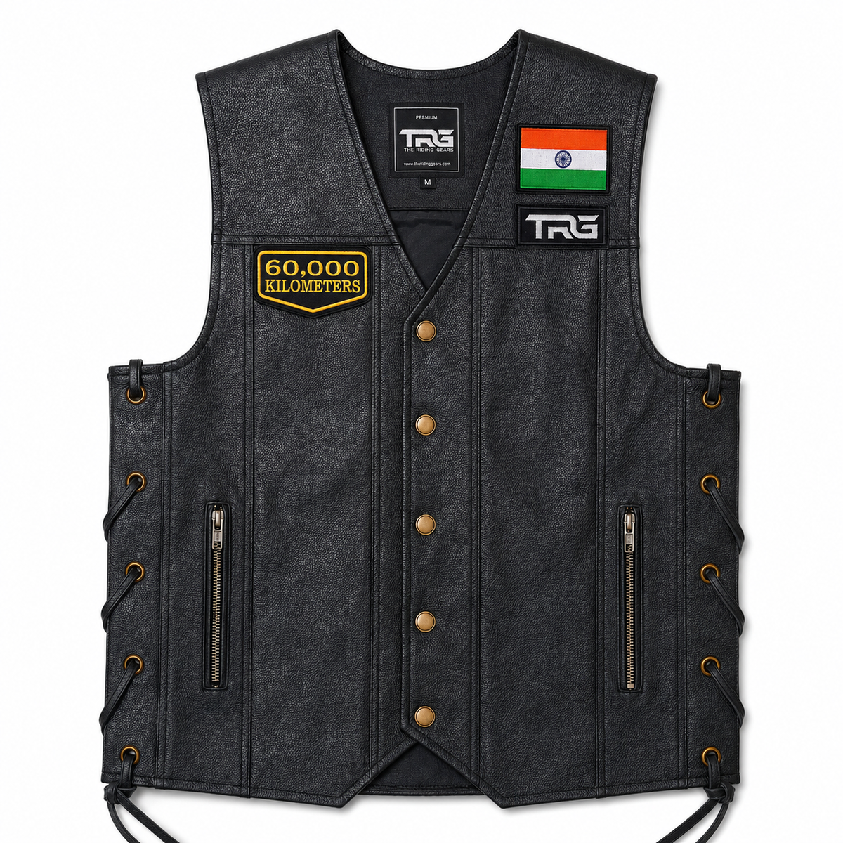 60,000 Kilometres embroidered patch displayed on black leather biker vest with Indian flag and TRG patch