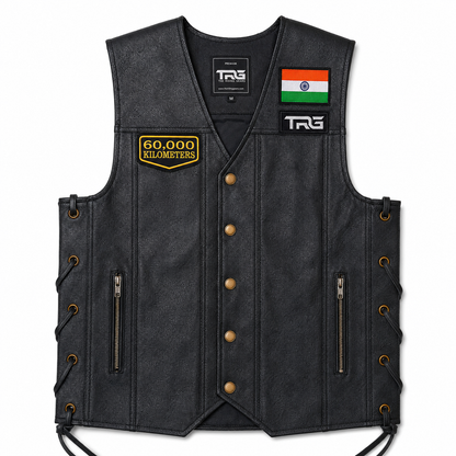 60,000 Kilometres embroidered patch displayed on black leather biker vest with Indian flag and TRG patch