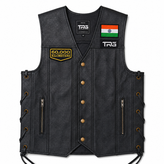 60,000 Kilometres embroidered patch displayed on black leather biker vest with Indian flag and TRG patch